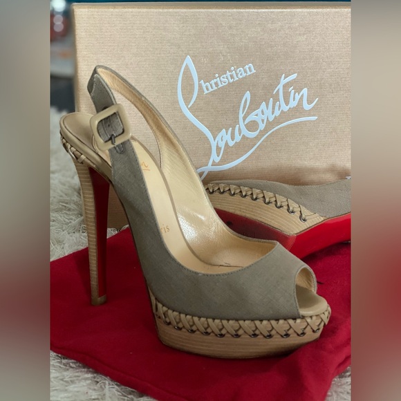 Christian Louboutin Taupe Canvas Indiana Slingback Platform pumps - Picture 8 of 8